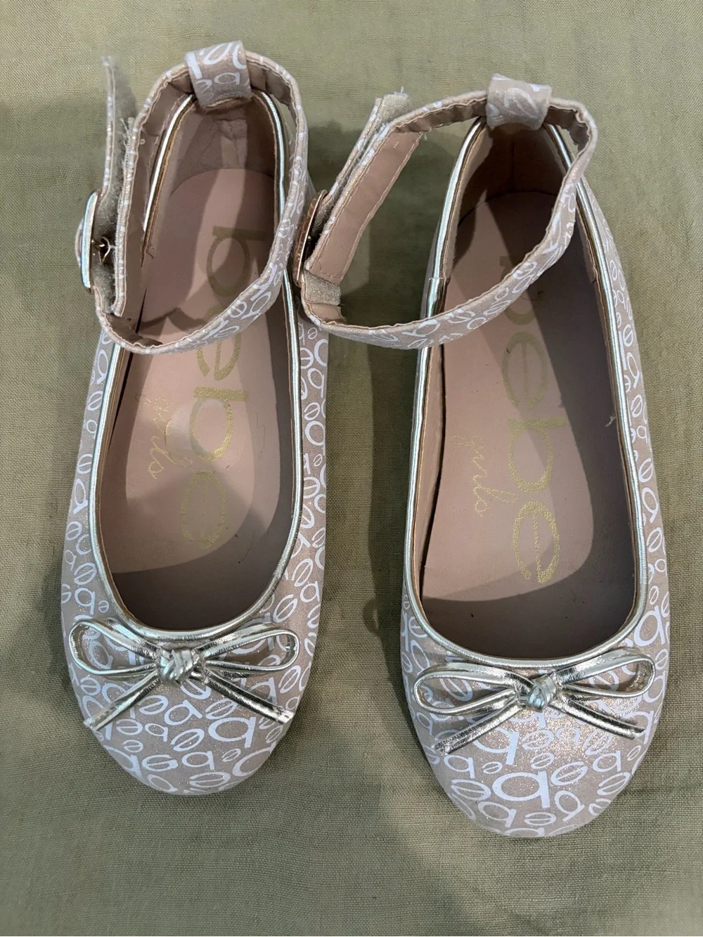 Bebe Metallic Beige Logo Ballet Flats with Ankle Strap
